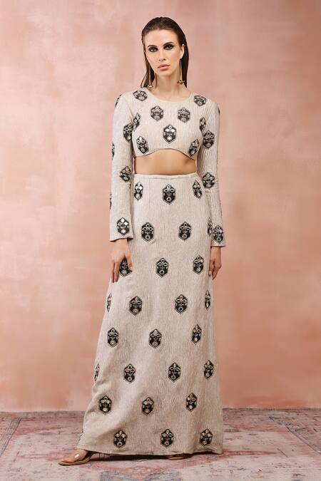 Buy_Payal Singhal_Gold Crushed Tissue Embroidery Mirror Round Choli And Skirt Set _Online_at_Aza_Fashions