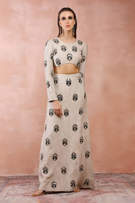 Shop_Payal Singhal_Gold Crushed Tissue Embroidery Mirror Round Choli And Skirt Set _Online_at_Aza_Fashions