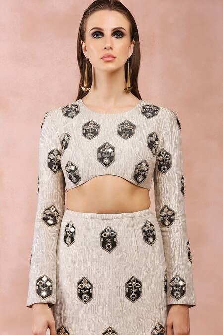 Payal Singhal_Gold Crushed Tissue Embroidery Mirror Round Choli And Skirt Set _at_Aza_Fashions