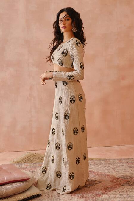 Buy_Payal Singhal_Gold Crushed Tissue Embroidery Mirror Round Choli And Skirt Set 