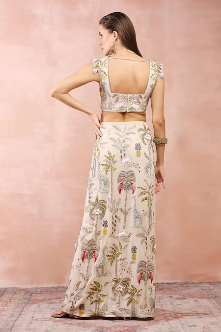 Payal Singhal_Beige Georgette Embroidery, Tassels Square Neck Safari Blouse And Skirt Set _Online_at_Aza_Fashions