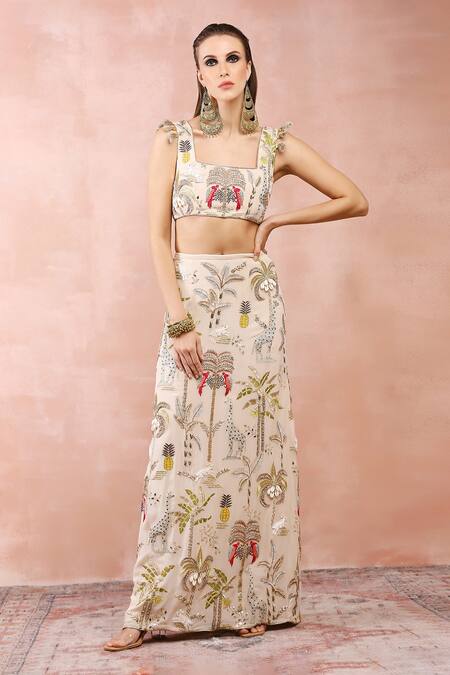 Shop_Payal Singhal_Beige Georgette Embroidery, Tassels Square Neck Safari Blouse And Skirt Set _Online_at_Aza_Fashions