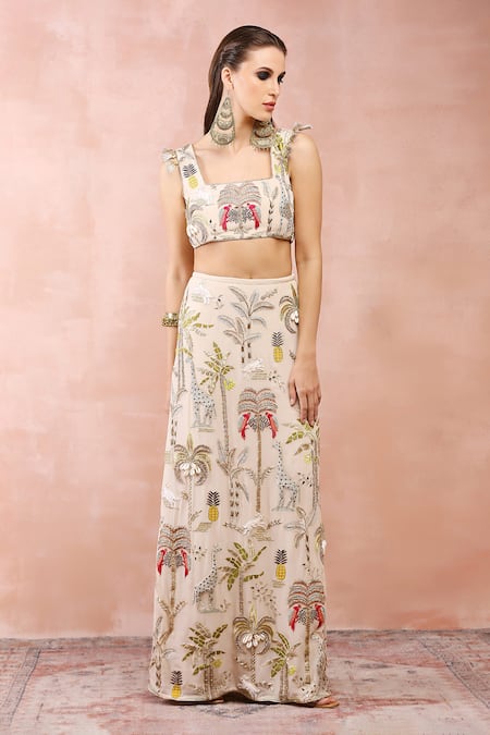 Payal Singhal_Beige Georgette Embroidery, Tassels Square Neck Safari Blouse And Skirt Set _at_Aza_Fashions