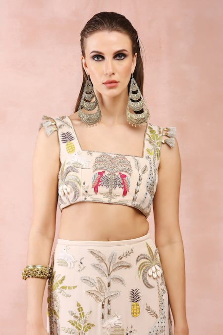 Buy_Payal Singhal_Beige Georgette Embroidery, Tassels Square Neck Safari Blouse And Skirt Set 