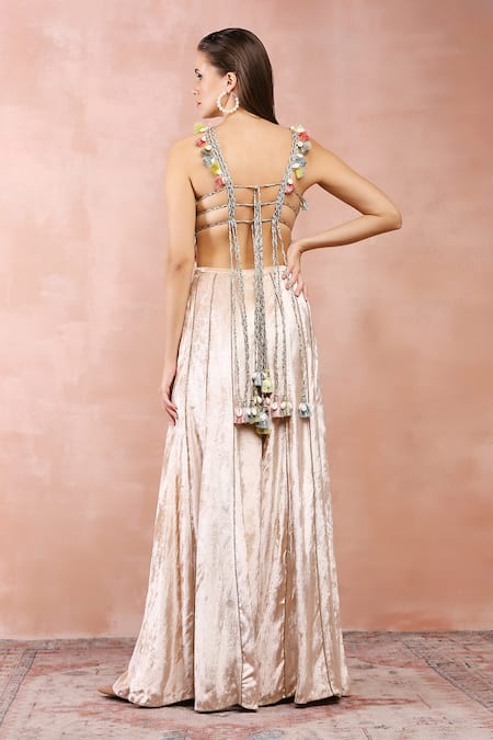 Payal Singhal_Beige Georgette, Velvet Zari, Gota Patti, Tassels Embroidered Choli And Sharara _Online_at_Aza_Fashions