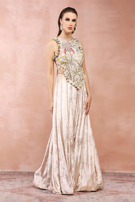 Buy_Payal Singhal_Beige Georgette, Velvet Zari, Gota Patti, Tassels Embroidered Choli And Sharara _Online_at_Aza_Fashions