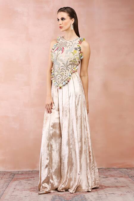 Shop_Payal Singhal_Beige Georgette, Velvet Zari, Gota Patti, Tassels Embroidered Choli And Sharara _Online_at_Aza_Fashions