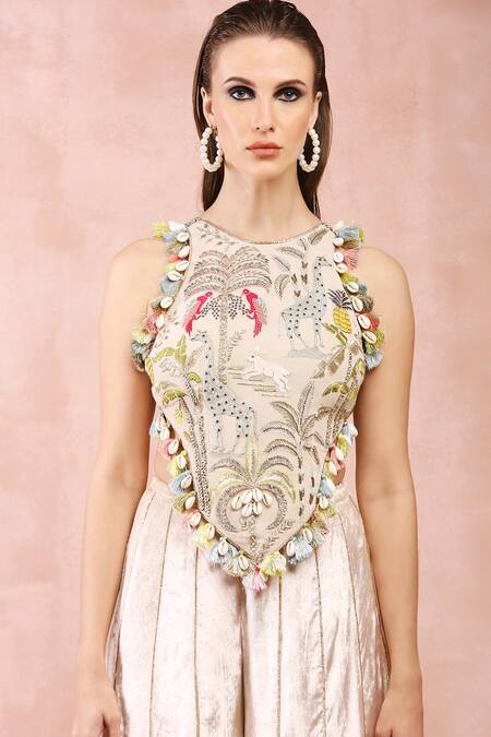 Payal Singhal_Beige Georgette, Velvet Zari, Gota Patti, Tassels Embroidered Choli And Sharara _at_Aza_Fashions