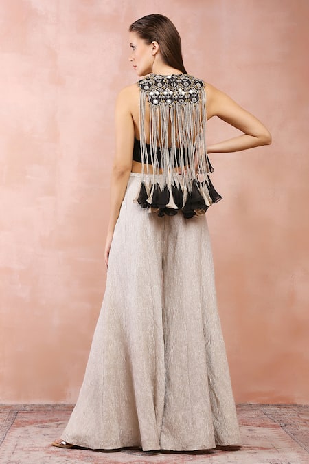 Payal Singhal Black Satin Embroidery Mirror Halter Neck Top And Sharara Set Online at Aza Fashions Payal Singhal_Black Satin Embroidery Mirror Halter Neck Top And Sharara Set _Online_at_Aza_Fashions