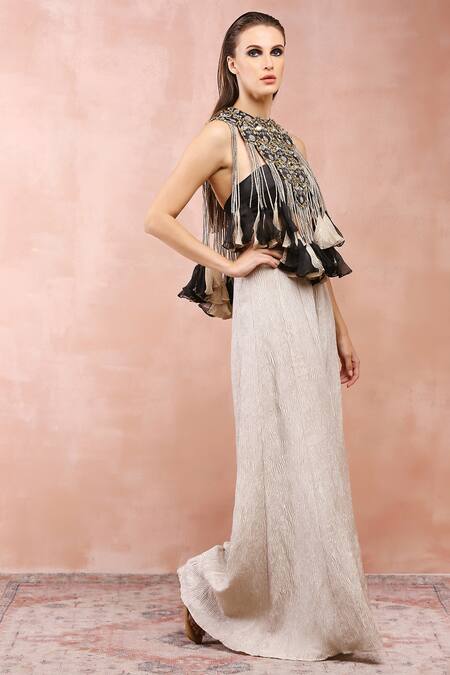 Buy Payal Singhal Black Satin Embroidery Mirror Halter Neck Top And Sharara Set Online at Aza Fashions Buy_Payal Singhal_Black Satin Embroidery Mirror Halter Neck Top And Sharara Set _Online_at_Aza_Fashions