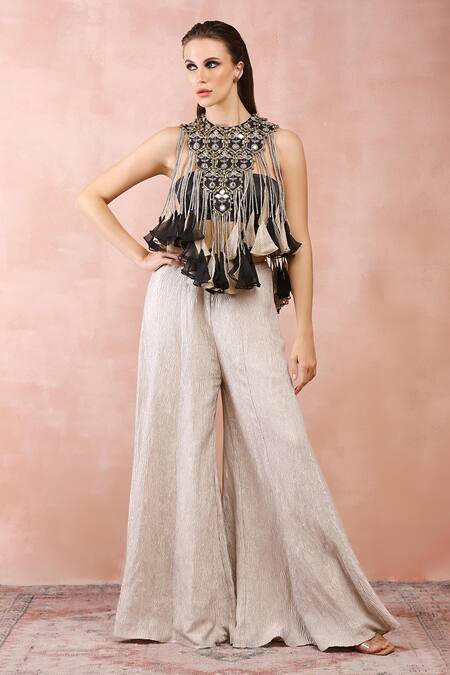 Shop Payal Singhal Black Satin Embroidery Mirror Halter Neck Top And Sharara Set Online at Aza Fashions Shop_Payal Singhal_Black Satin Embroidery Mirror Halter Neck Top And Sharara Set _Online_at_Aza_Fashions