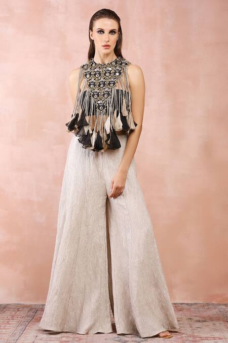 Payal Singhal Black Satin Embroidery Mirror Halter Neck Top And Sharara Set at Aza Fashions Payal Singhal_Black Satin Embroidery Mirror Halter Neck Top And Sharara Set _at_Aza_Fashions