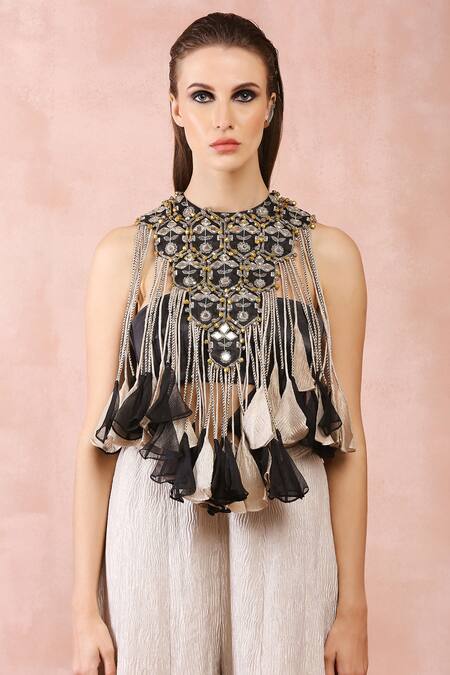 Buy Payal Singhal Black Satin Embroidery Mirror Halter Neck Top And Sharara Set Buy_Payal Singhal_Black Satin Embroidery Mirror Halter Neck Top And Sharara Set