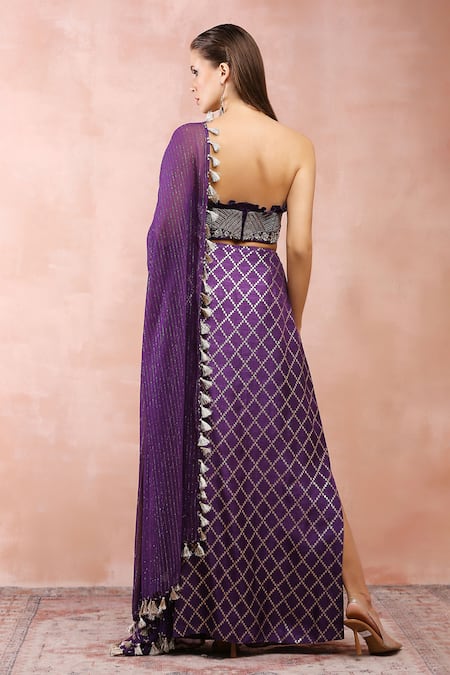 Payal Singhal_Purple Satin, Lurex, Denim Embroidery, Tassels, Zari Sweetheart Corset Skirt Set _Online_at_Aza_Fashions