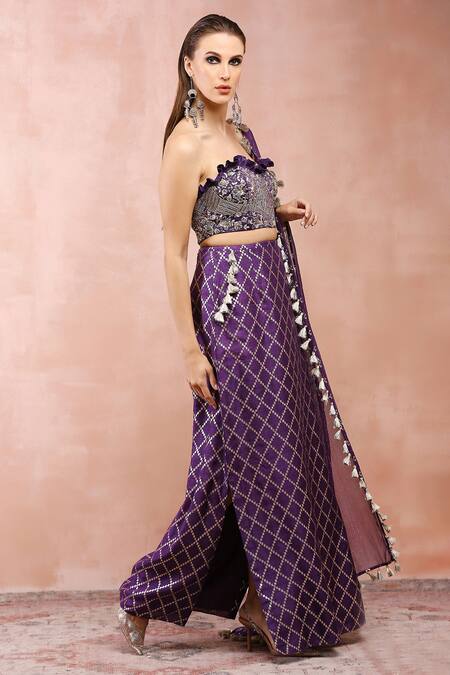 Buy_Payal Singhal_Purple Satin, Lurex, Denim Embroidery, Tassels, Zari Sweetheart Corset Skirt Set _Online_at_Aza_Fashions