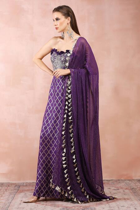 Shop_Payal Singhal_Purple Satin, Lurex, Denim Embroidery, Tassels, Zari Sweetheart Corset Skirt Set _Online_at_Aza_Fashions