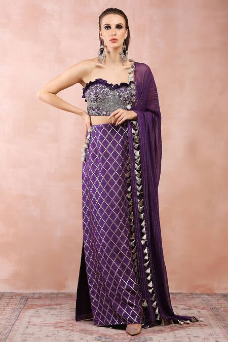 Payal Singhal_Purple Satin, Lurex, Denim Embroidery, Tassels, Zari Sweetheart Corset Skirt Set _at_Aza_Fashions