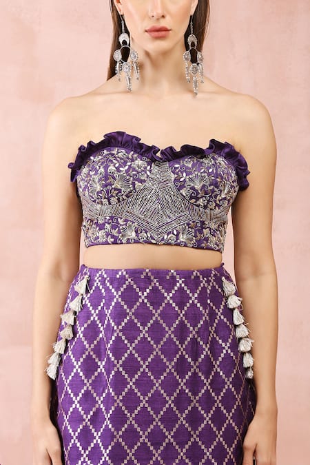 Buy_Payal Singhal_Purple Satin, Lurex, Denim Embroidery, Tassels, Zari Sweetheart Corset Skirt Set 