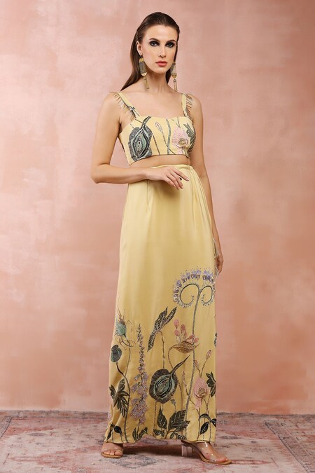 Payal Singhal Yellow Crepe Printed Niloufar Sweetheart Neck Bustier And Skirt Set 