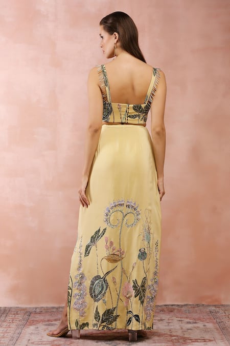 Payal Singhal_Yellow Crepe Zari, Embroidery Sweetheart Neck Niloufar Print Bustier And Skirt Set _Online_at_Aza_Fashions