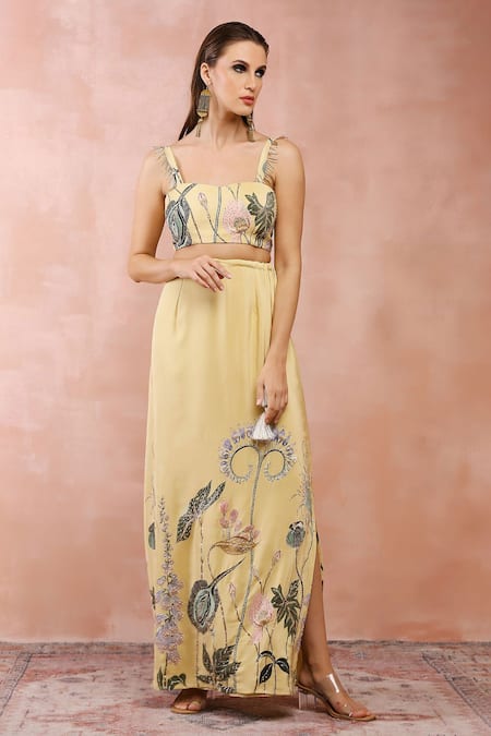 Buy_Payal Singhal_Yellow Crepe Zari, Embroidery Sweetheart Neck Niloufar Print Bustier And Skirt Set _Online_at_Aza_Fashions