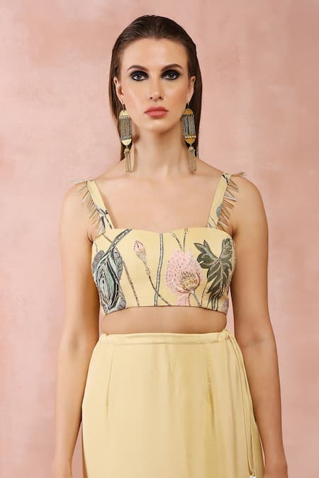 Payal Singhal_Yellow Crepe Zari, Embroidery Sweetheart Neck Niloufar Print Bustier And Skirt Set _at_Aza_Fashions