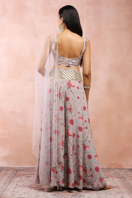 Payal Singhal_Grey Crepe, Muslin Sequins, Tassels, Mirrors Gulbagh Print Choli Sharara Set _Online_at_Aza_Fashions