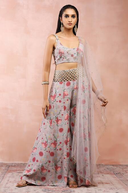 Buy_Payal Singhal_Grey Crepe, Muslin Sequins, Tassels, Mirrors Gulbagh Print Choli Sharara Set _Online_at_Aza_Fashions