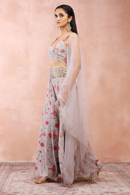 Shop_Payal Singhal_Grey Crepe, Muslin Sequins, Tassels, Mirrors Gulbagh Print Choli Sharara Set _Online_at_Aza_Fashions