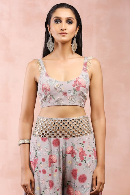 Payal Singhal_Grey Crepe, Muslin Sequins, Tassels, Mirrors Gulbagh Print Choli Sharara Set _at_Aza_Fashions