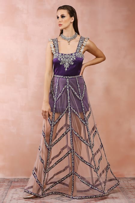 Payal Singhal Purple Satin Embroidery Zardozi Square Neck Neckline Dress With Skirt 