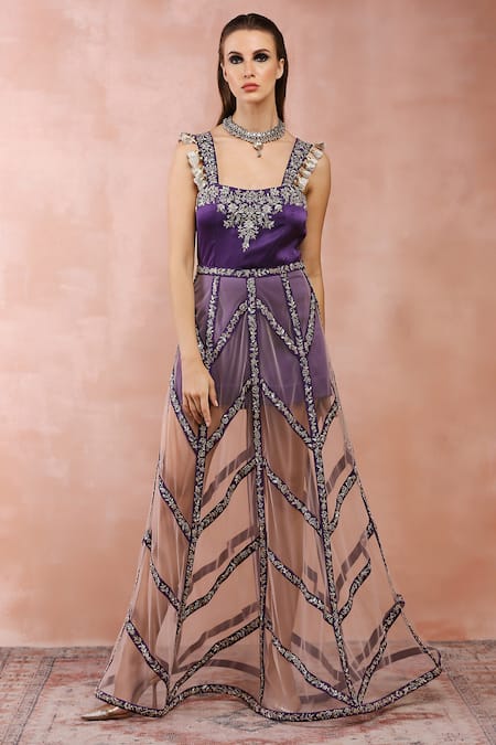 Buy_Payal Singhal_Purple Net, Satin Embroidery, Tassels, Zari Square Neckline Dress With Skirt _Online_at_Aza_Fashions