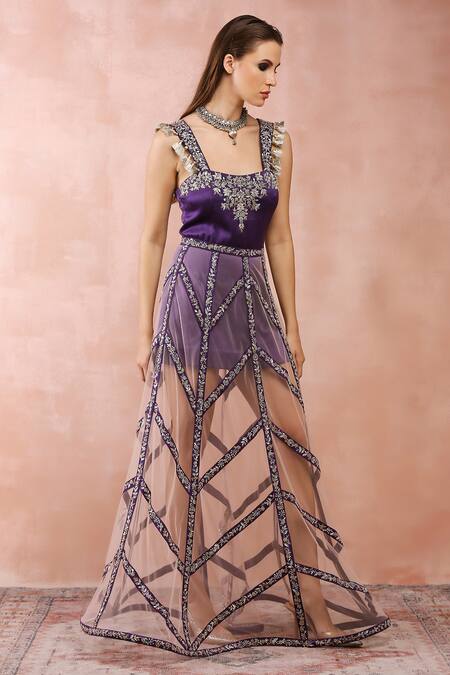 Shop_Payal Singhal_Purple Net, Satin Embroidery, Tassels, Zari Square Neckline Dress With Skirt _Online_at_Aza_Fashions