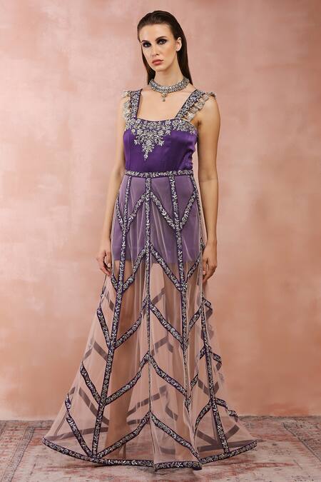 Payal Singhal_Purple Net, Satin Embroidery, Tassels, Zari Square Neckline Dress With Skirt _at_Aza_Fashions