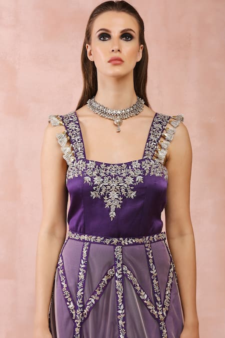 Buy_Payal Singhal_Purple Net, Satin Embroidery, Tassels, Zari Square Neckline Dress With Skirt 