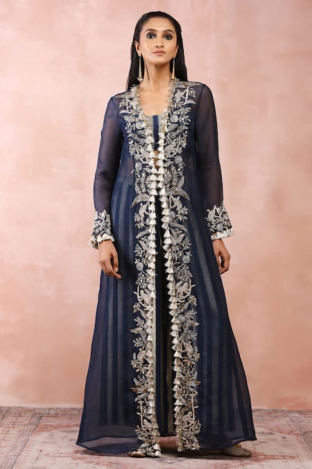 Payal Singhal Blue Banarasi Georgette Embroidery Zardozi Jacket Open Palazzo Set 