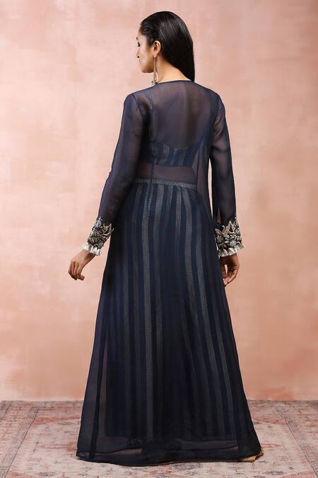 Payal Singhal_Blue Georgette Zari, Embroidery, Tassels Scoop Neck, Placket Palazzo Set _Online_at_Aza_Fashions