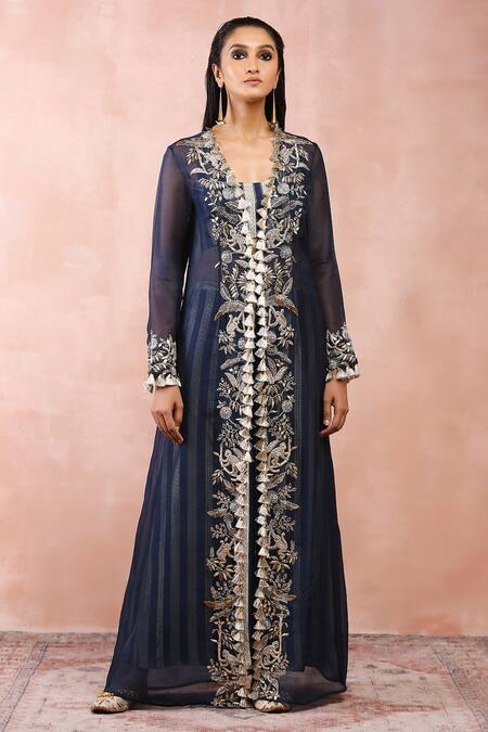 Buy_Payal Singhal_Blue Georgette Zari, Embroidery, Tassels Scoop Neck, Placket Palazzo Set _Online_at_Aza_Fashions