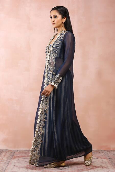 Shop_Payal Singhal_Blue Georgette Zari, Embroidery, Tassels Scoop Neck, Placket Palazzo Set _Online_at_Aza_Fashions