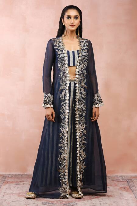 Payal Singhal_Blue Georgette Zari, Embroidery, Tassels Scoop Neck, Placket Palazzo Set _at_Aza_Fashions