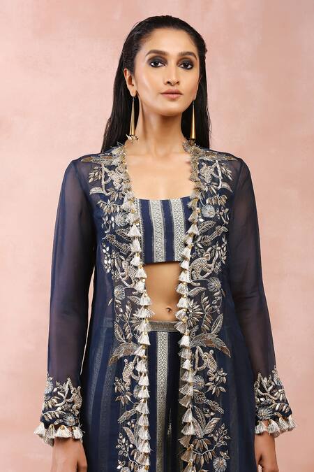 Buy_Payal Singhal_Blue Georgette Zari, Embroidery, Tassels Scoop Neck, Placket Palazzo Set 