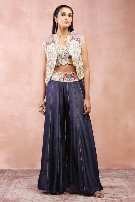 Buy_Payal Singhal_Beige Georgette, Denim Zari, Gota Patti, Safari Pattern Jacket And Sharara Set _Online_at_Aza_Fashions