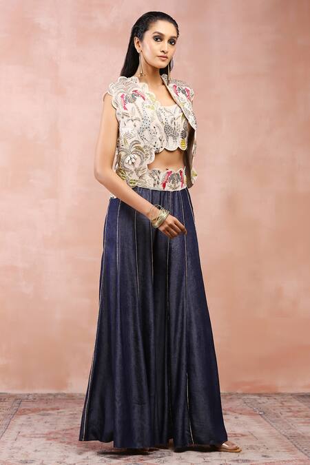 Shop_Payal Singhal_Beige Georgette, Denim Zari, Gota Patti, Safari Pattern Jacket And Sharara Set _Online_at_Aza_Fashions