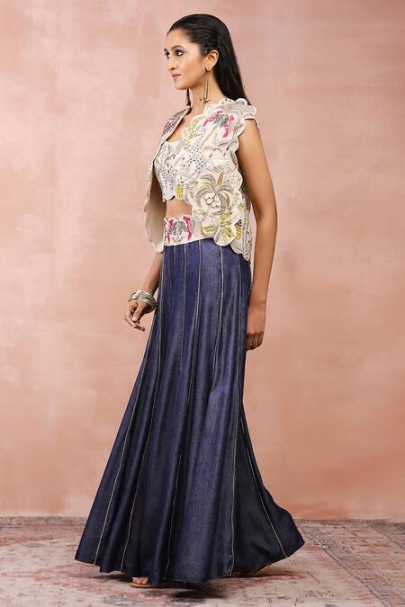 Payal Singhal_Beige Georgette, Denim Zari, Gota Patti, Safari Pattern Jacket And Sharara Set _at_Aza_Fashions