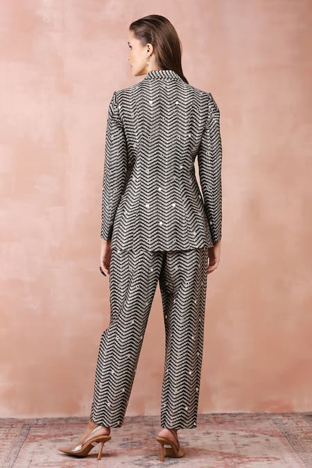Payal Singhal Black Brocade Woven Chevron Shawl Collar Jacket Pant Set Online at Aza Fashions Payal Singhal_Black Brocade Woven Chevron Shawl Collar Jacket Pant Set _Online_at_Aza_Fashions