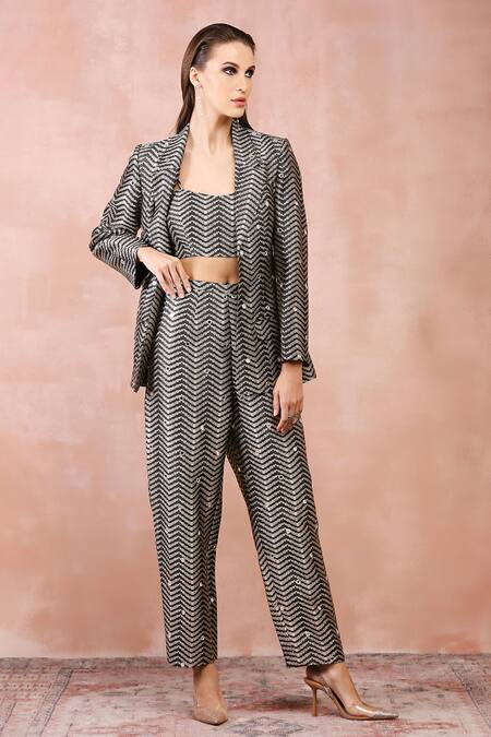 Buy Payal Singhal Black Brocade Woven Chevron Shawl Collar Jacket Pant Set Online at Aza Fashions Buy_Payal Singhal_Black Brocade Woven Chevron Shawl Collar Jacket Pant Set _Online_at_Aza_Fashions