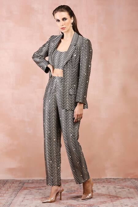 Shop Payal Singhal Black Brocade Woven Chevron Shawl Collar Jacket Pant Set Online at Aza Fashions Shop_Payal Singhal_Black Brocade Woven Chevron Shawl Collar Jacket Pant Set _Online_at_Aza_Fashions