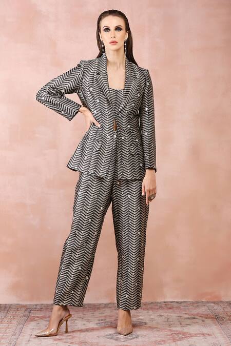 Buy Payal Singhal Black Brocade Woven Chevron Shawl Collar Jacket Pant Set Buy_Payal Singhal_Black Brocade Woven Chevron Shawl Collar Jacket Pant Set