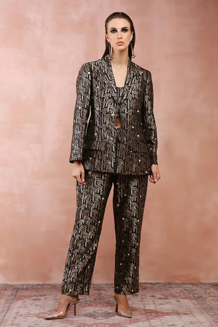 Payal Singhal Black Brocade Woven Floral Shawl Collar Jacket Pant Set Online at Aza Fashions Payal Singhal_Black Brocade Woven Floral Shawl Collar Jacket Pant Set_Online_at_Aza_Fashions