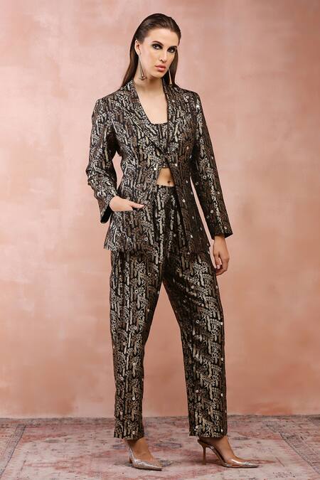 Buy Payal Singhal Black Brocade Woven Floral Shawl Collar Jacket Pant Set Online at Aza Fashions Buy_Payal Singhal_Black Brocade Woven Floral Shawl Collar Jacket Pant Set_Online_at_Aza_Fashions